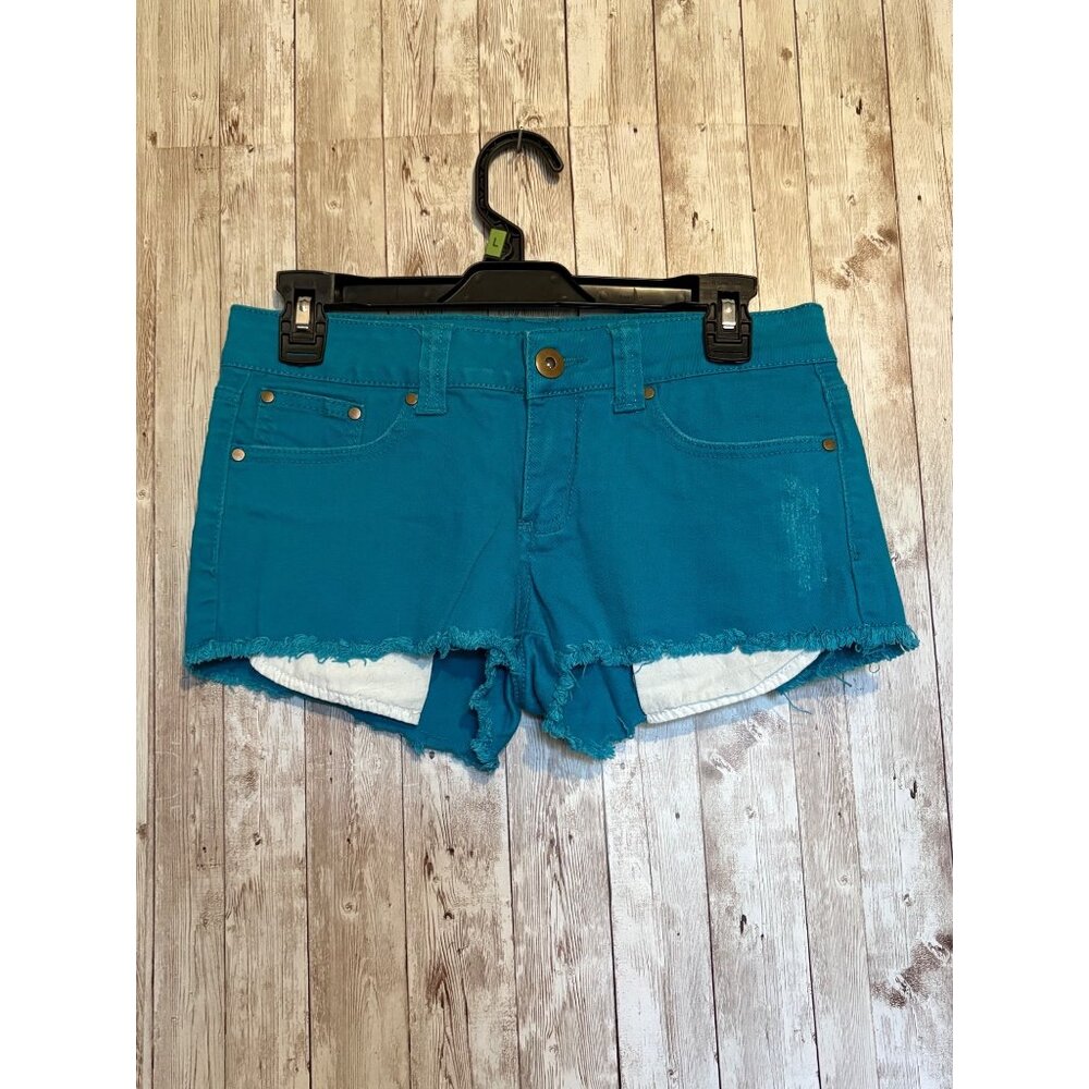 Forever 21 Women's Turquoise Teal Frayed Hem Denim Jean Mini Shorts Size 27
